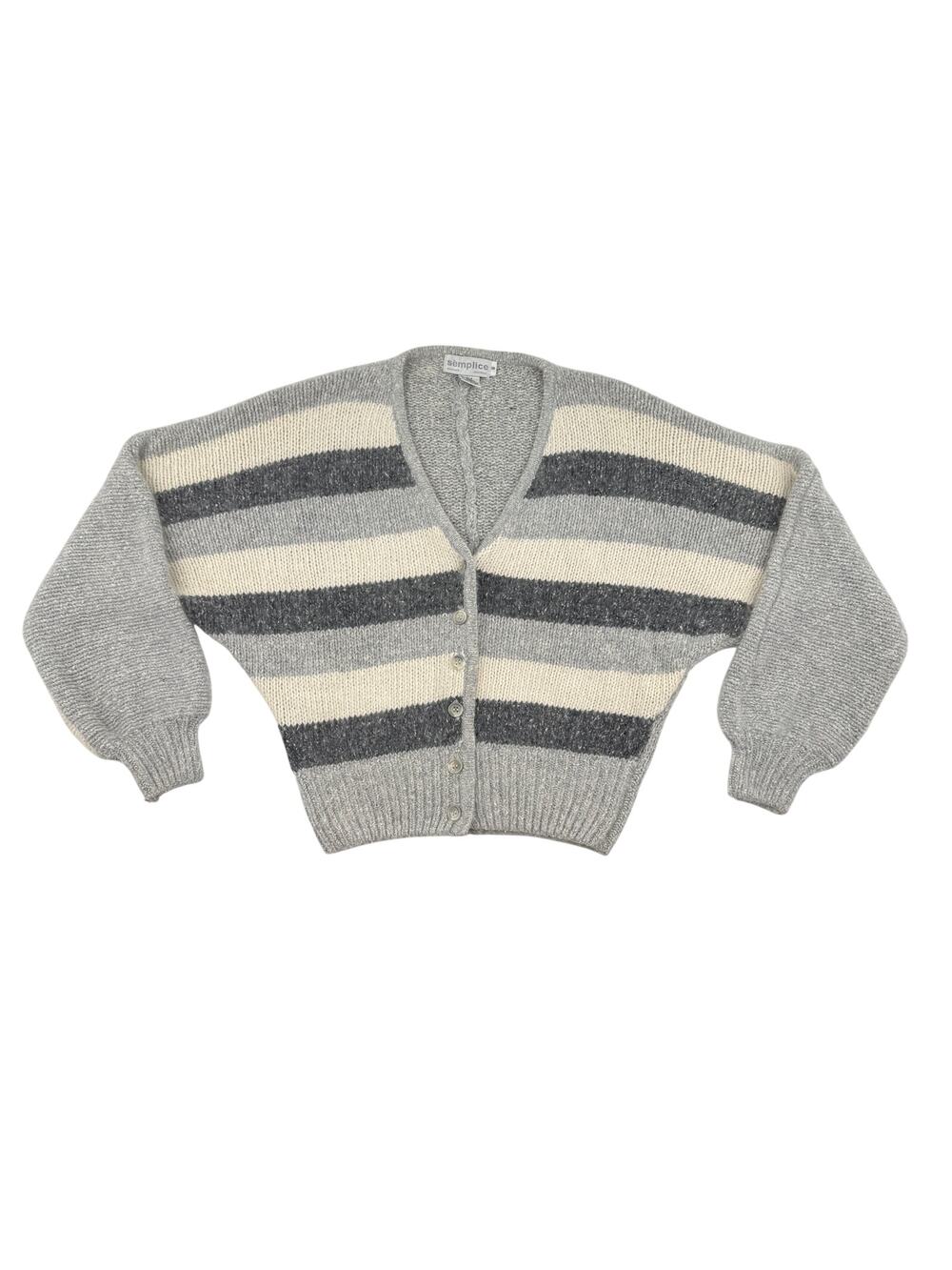 Vintage Semplice Silk Angora Cardigan Sweater S Cropped Dolman Gray Striped Knit